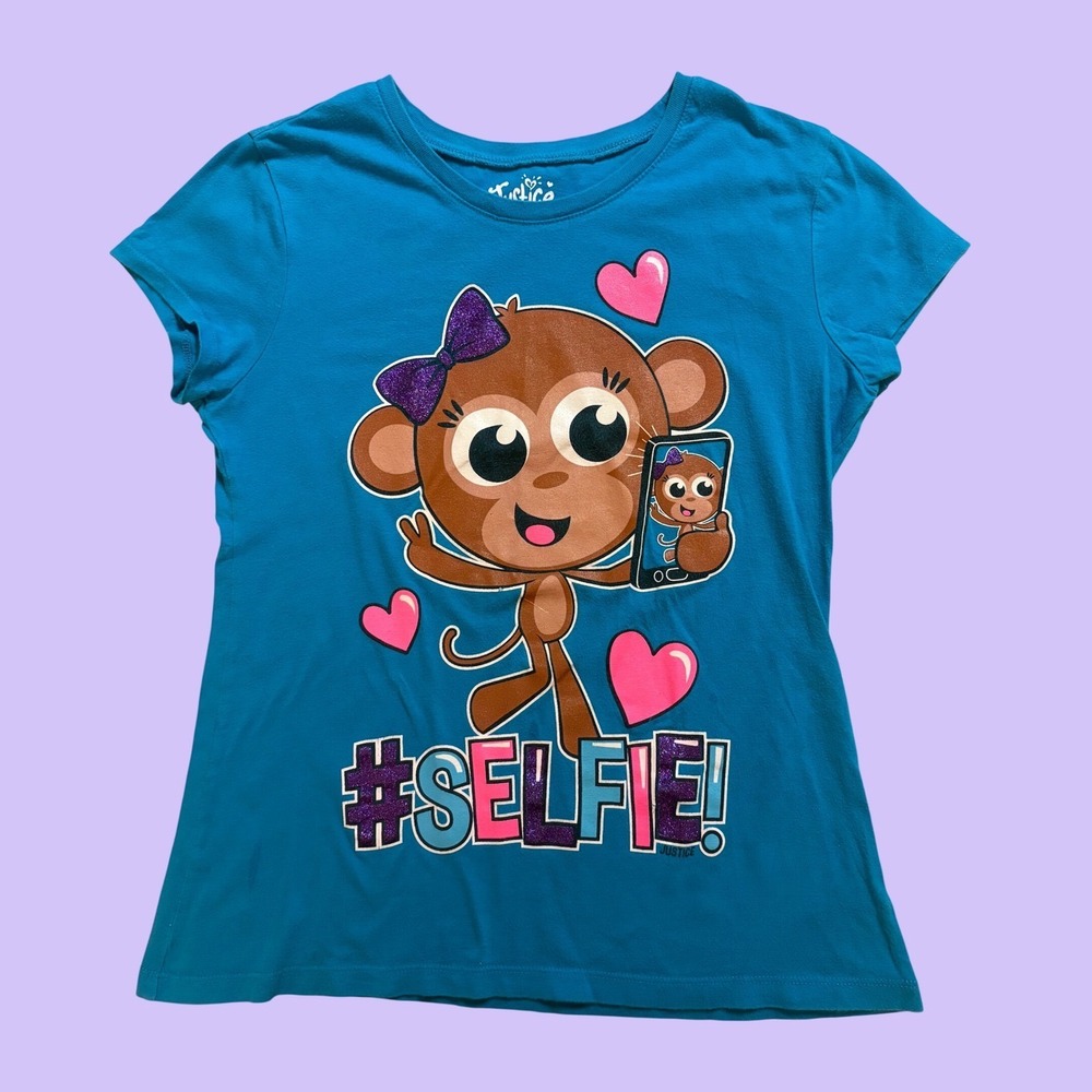 Y2K Justice Blue Monkey Selfie Glitter Graphic T-Shirt Scene Kidcore #17